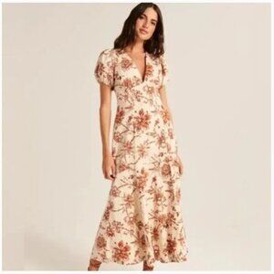 Abercrombie Puff Sleeve Slim Poplin Dress Floral Brown
